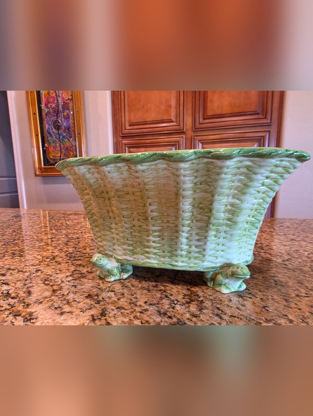 Vietri Made In Italy Frog Green Glazed Ceramic Basket Planter - EUC
